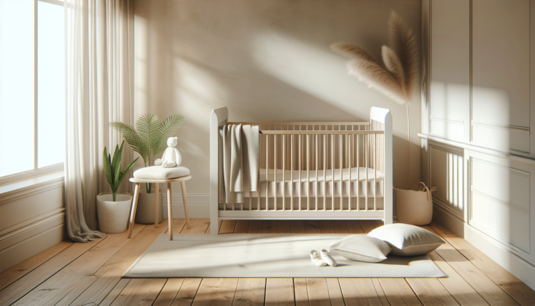 Lit bébé à barreaux en bois blanc dans une chambre de nourrisson lumineuse et apaisante