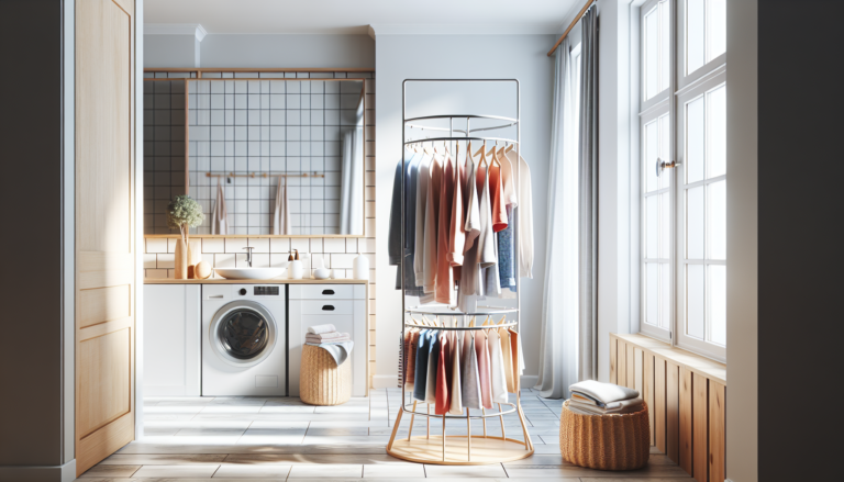 Tancarville linge vertical à barres multiples chargé de linge dans une salle de bain lumineuse
