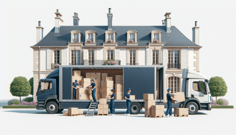 Camion de déménagement professionnel Gosselin devant une maison avec équipe en uniforme