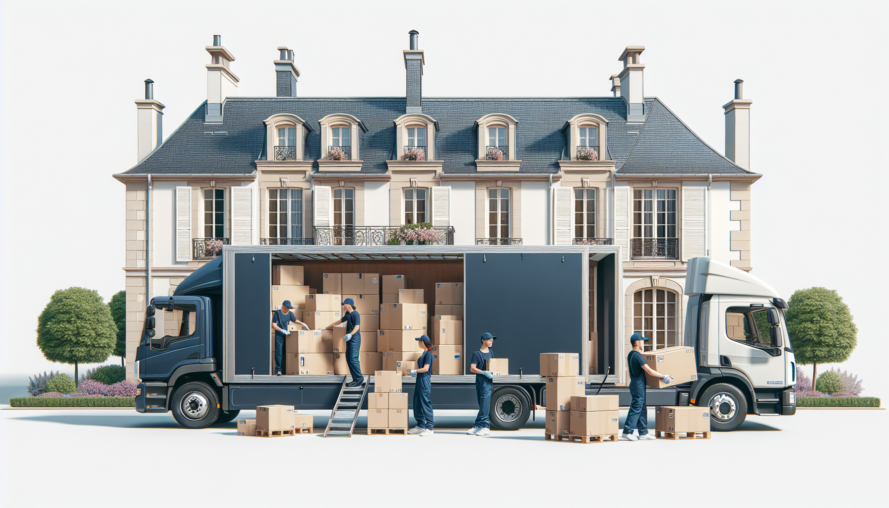 Camion de déménagement professionnel Gosselin devant une maison avec équipe en uniforme