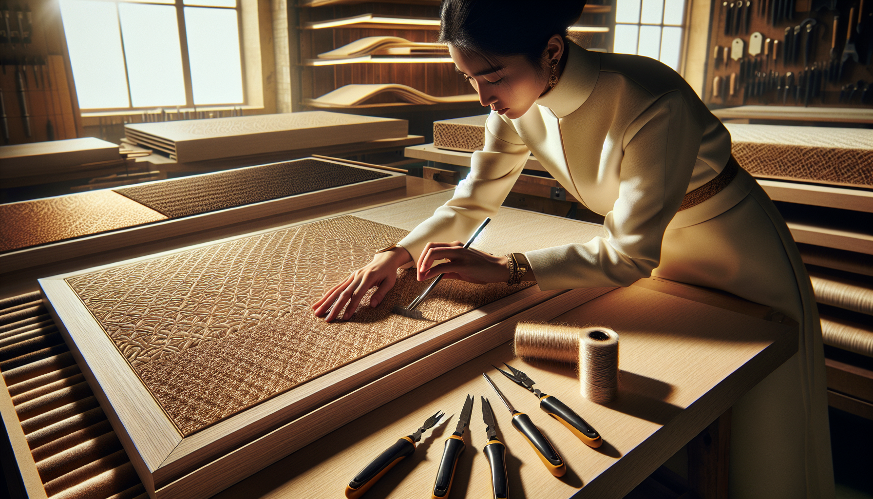 Application professionnelle du fibrecouture plaquage sur un panneau de meuble en bois
