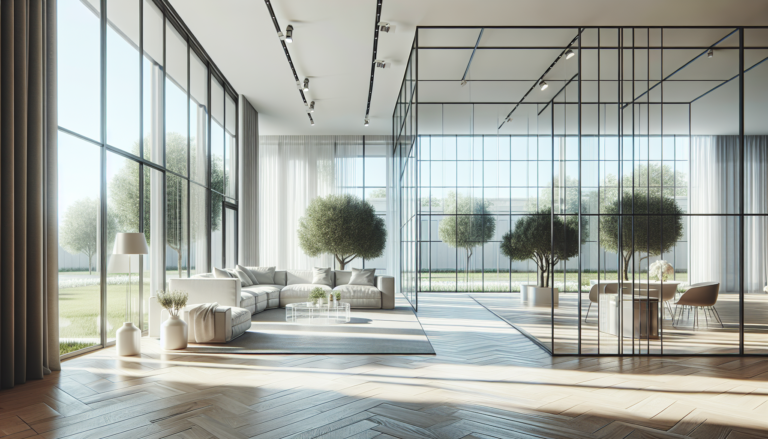 Menuiseries vitrées modernes avec baie vitrée et cloison en verre dans un salon contemporain