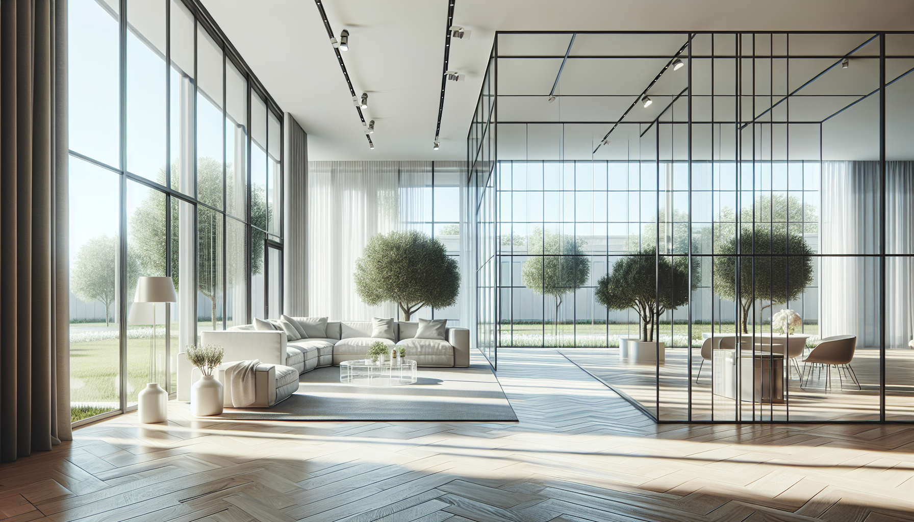 Menuiseries vitrées modernes avec baie vitrée et cloison en verre dans un salon contemporain