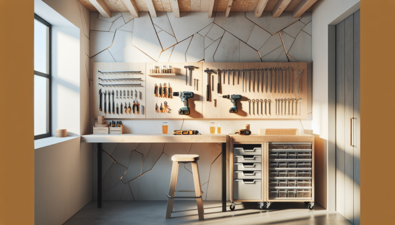 Atelier bricolage organisé avec outils et outillage ManoMano sur établi en bois
