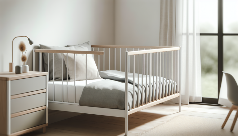 Barrière de lit enfant en bois naturel et métal blanc installée sur un lit d'enfant avec literie grise