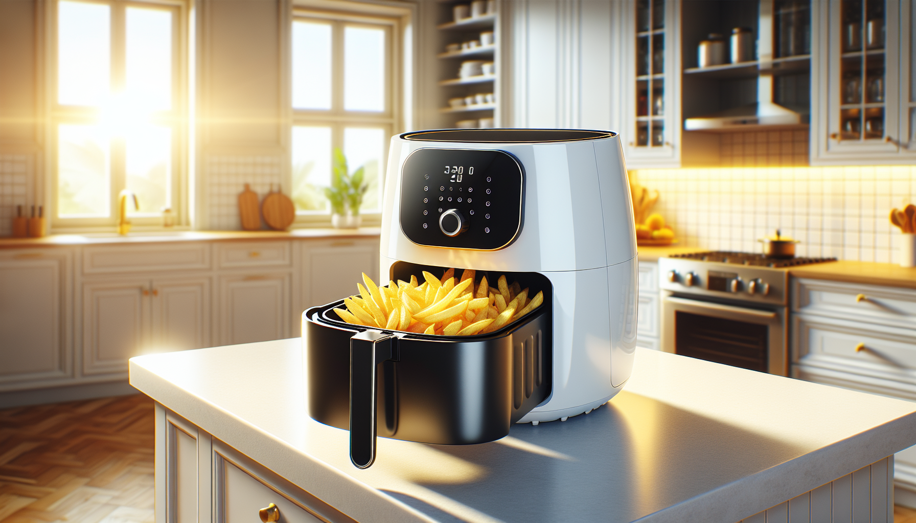 Air fryer posé sur un plan de travail de cuisine avec des frites dorées dans le panier