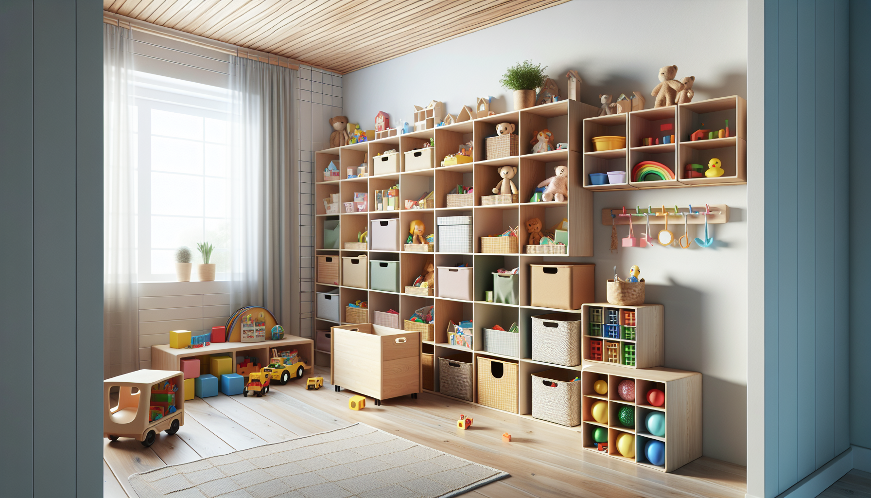 Meuble pour ranger des jouets avec étagères basses à bacs colorés et coffre en bois dans une chambre enfant