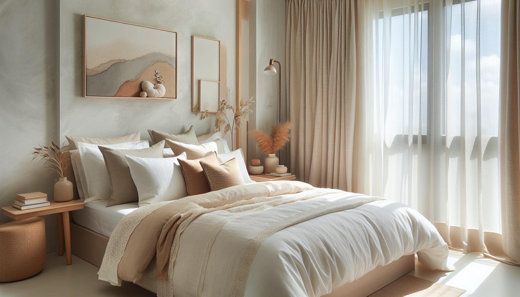 Chambre décorée avec du linge de lit et des textiles Bouchara en coloris neutres et naturels