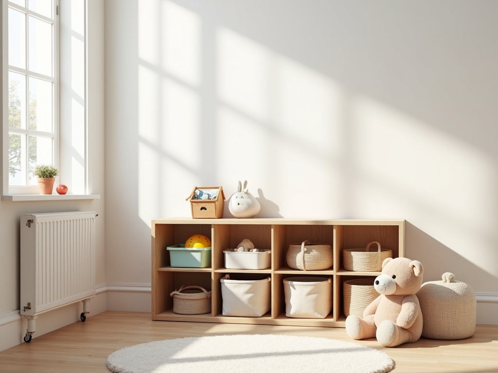 meuble pour ranger des jouets en bois avec bacs colorés dans une chambre enfant