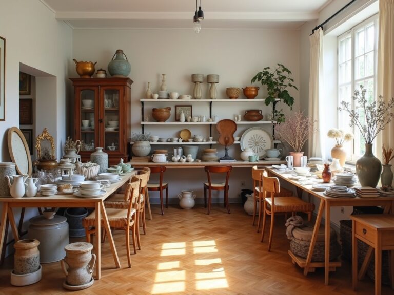 organiser un vide maison - étal d'objets bien présentés sur des tables en bois dans un garage