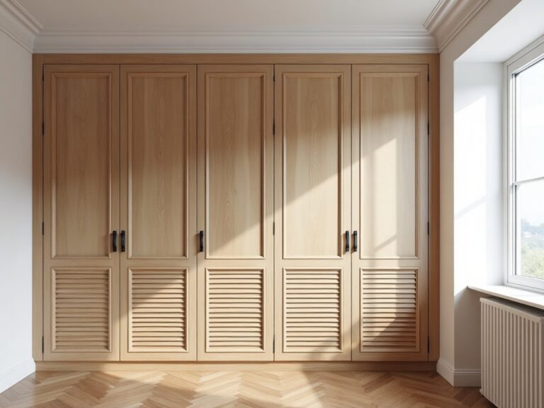 porte persiennes placard en pin naturel dans une chambre moderne