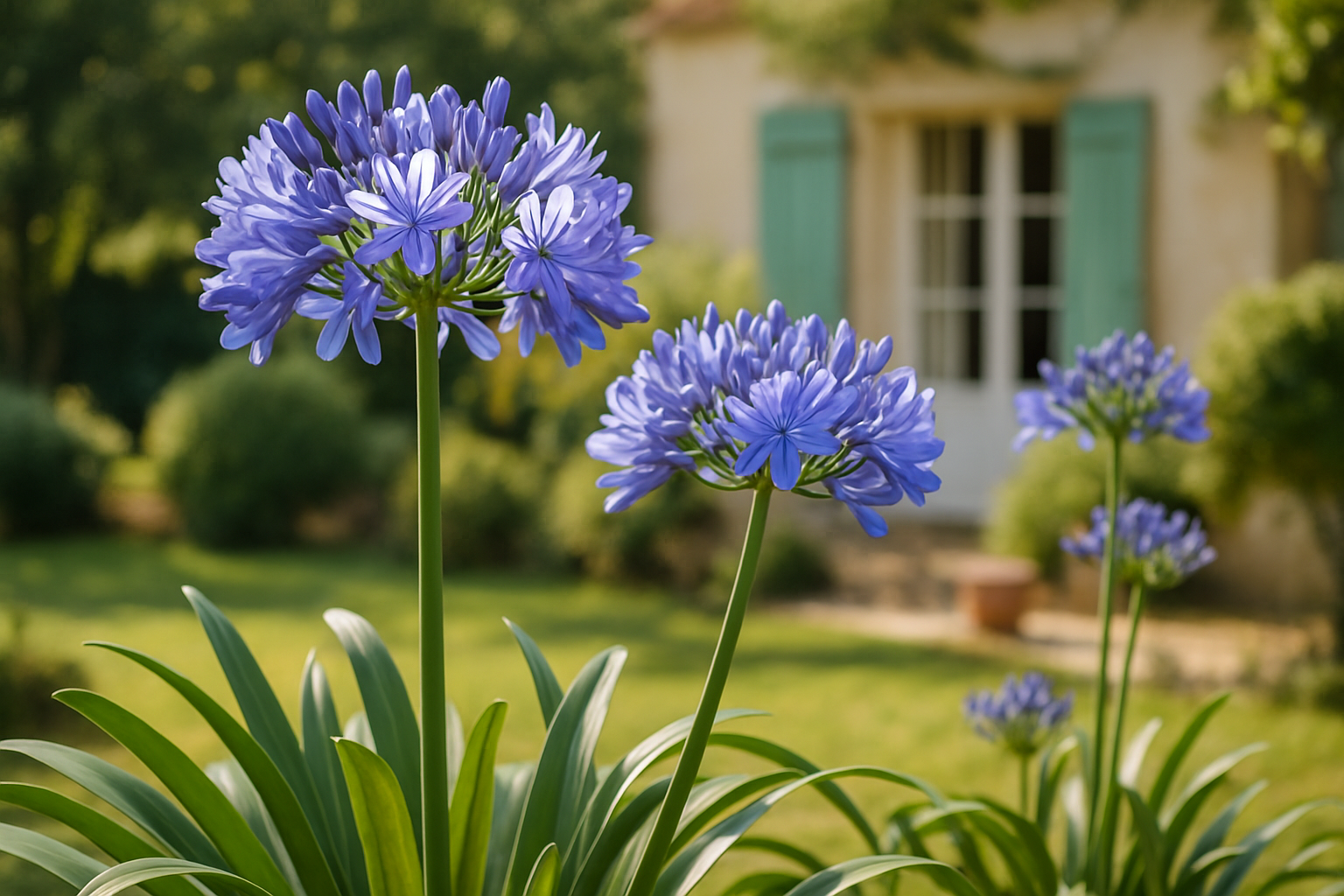 agapanthe en fleur avec grandes ombelles bleues dans un jardin ensoleillé