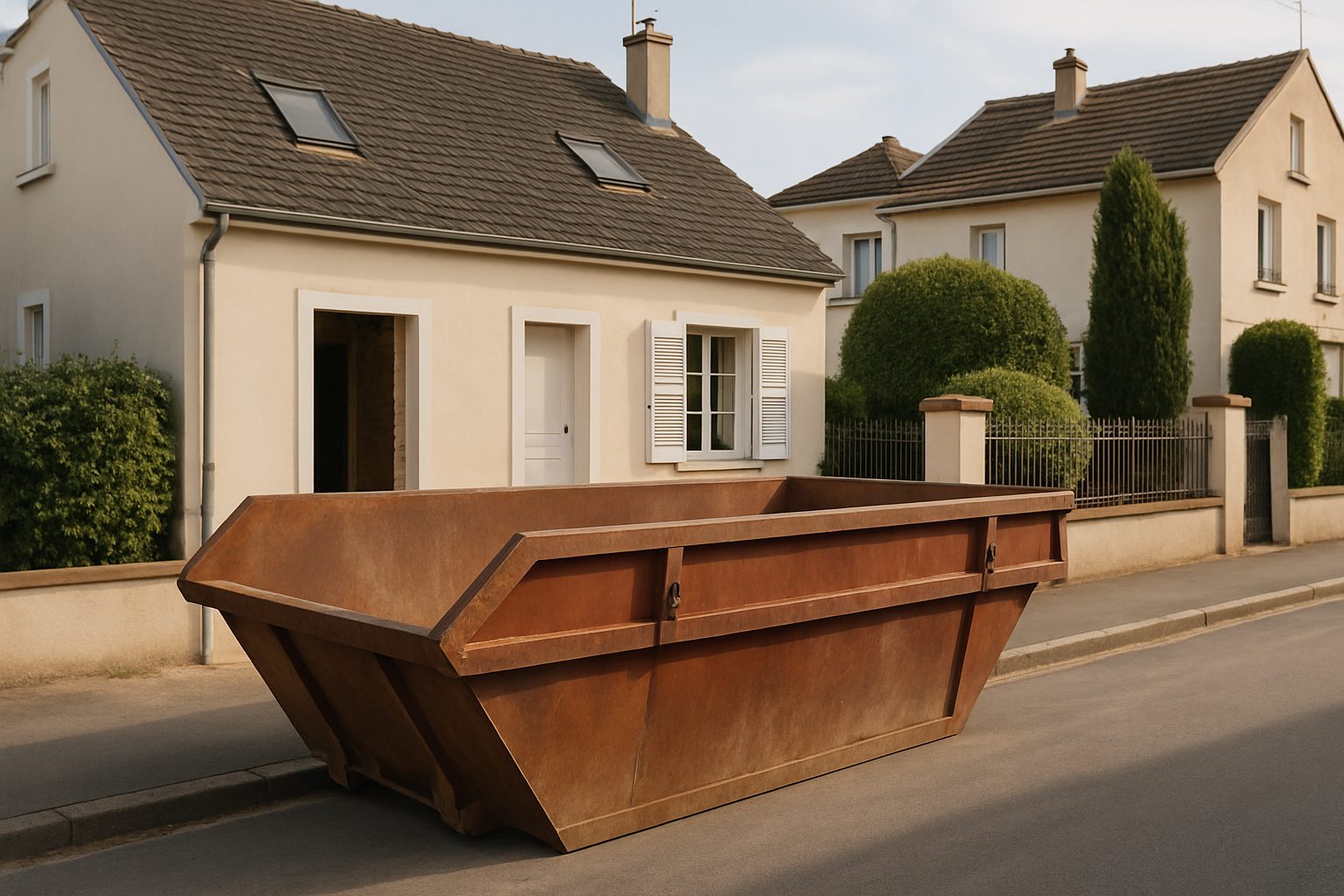 bennes amovibles posées devant une maison en travaux de rénovation
