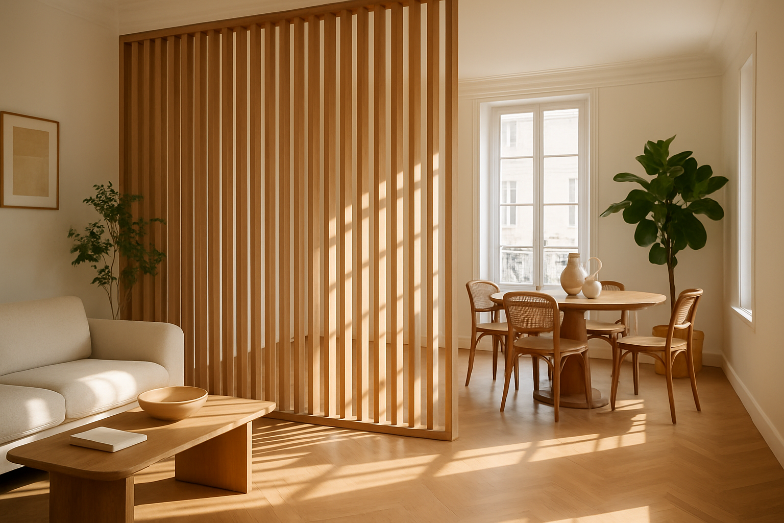 cloison en bois de type claustra dans un salon lumineux style français
