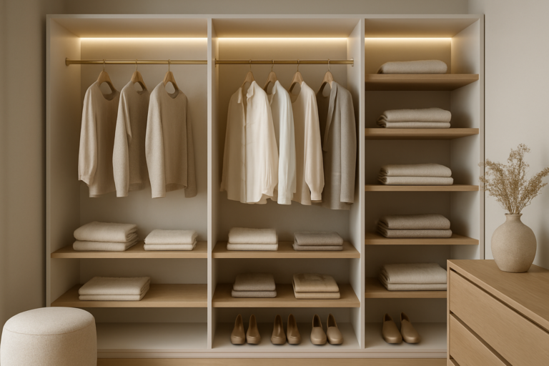 comment aménager un dressing - dressing ouvert en bois clair avec penderie et étagères organisées