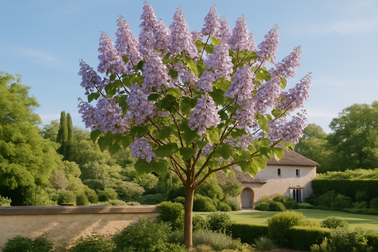 paulownia en fleurs dans un jardin français au printemps