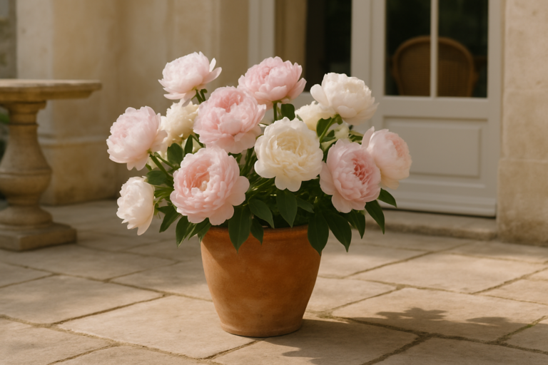 pivoine rose en fleur dans un pot en terre cuite dans un jardin français