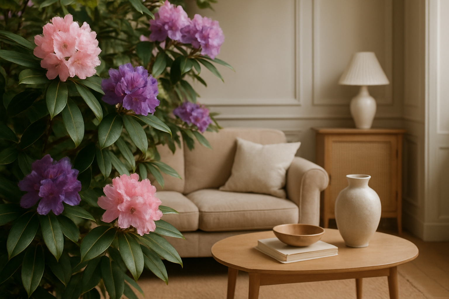 rhododendron en fleurs avec grappes de fleurs roses et violet dans un jardin