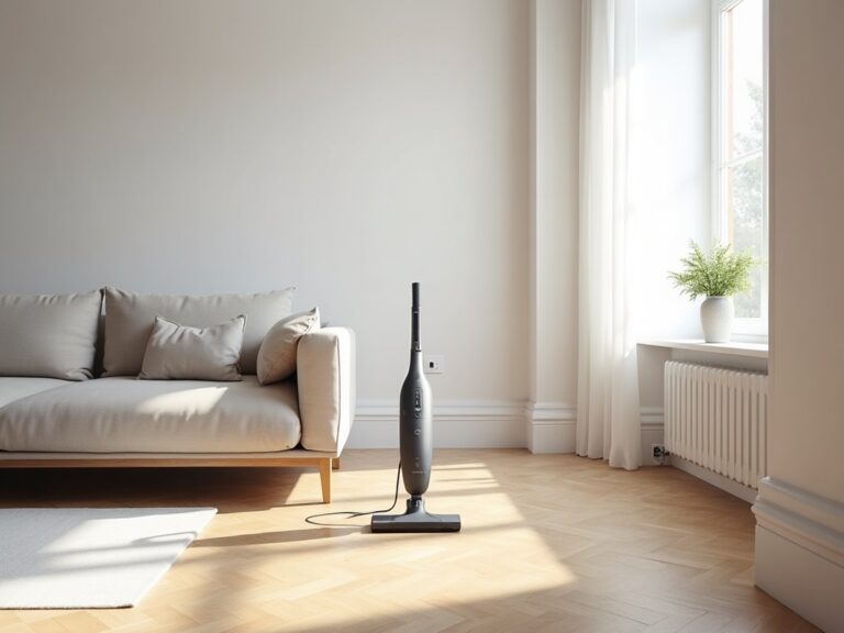 aspirateur laveur Tineco posé sur un parquet clair dans un intérieur moderne