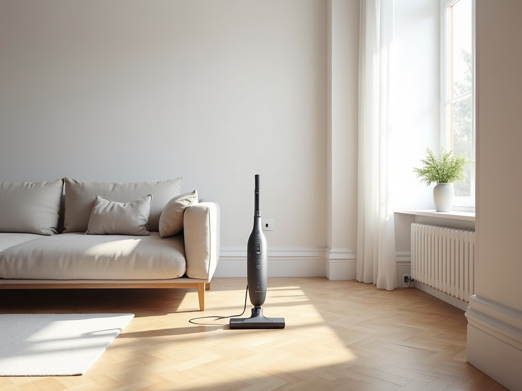 aspirateur laveur Tineco posé sur un parquet clair dans un intérieur moderne