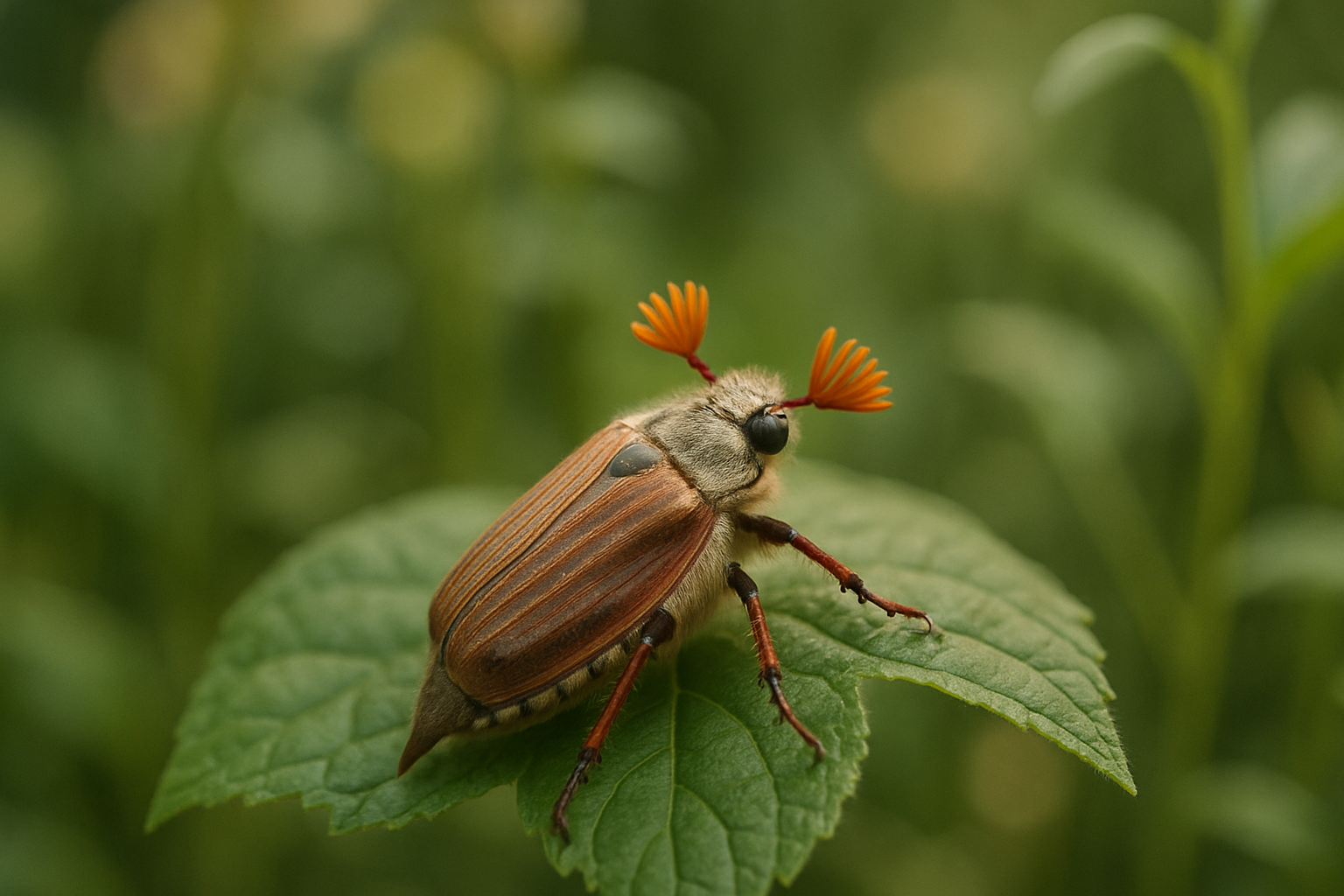 hanneton commun posé sur une feuille verte dans un jardin français