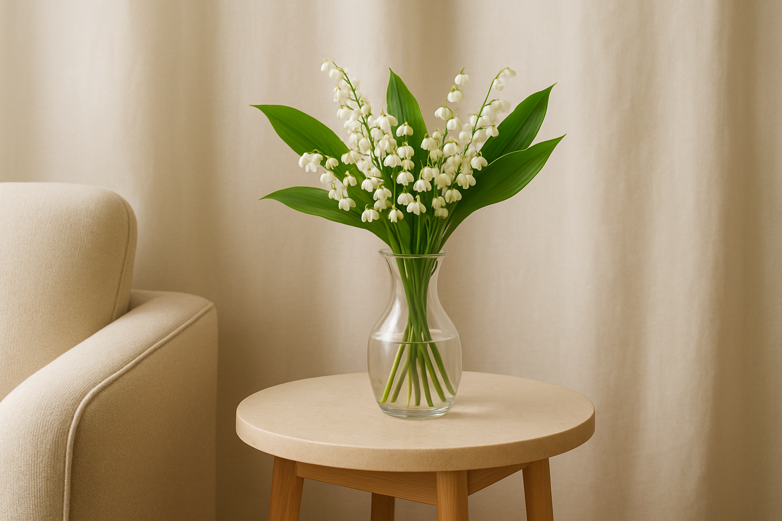 muguet en bouquet dans un vase en verre sur une table d'intérieur élégante