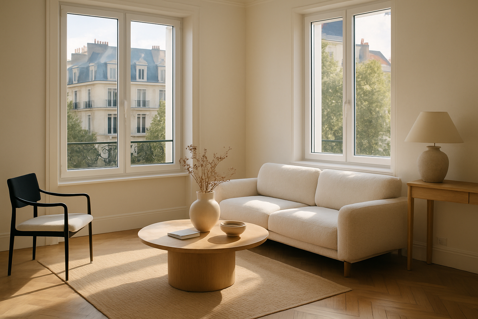 Oknoplast fenêtres PVC installées dans un salon moderne et lumineux