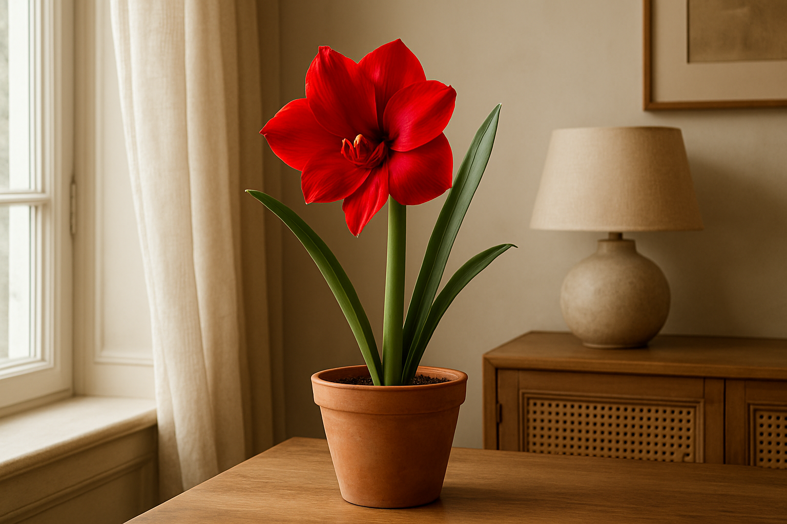 amaryllis rouge en fleur dans un pot en terre cuite sur une table en bois