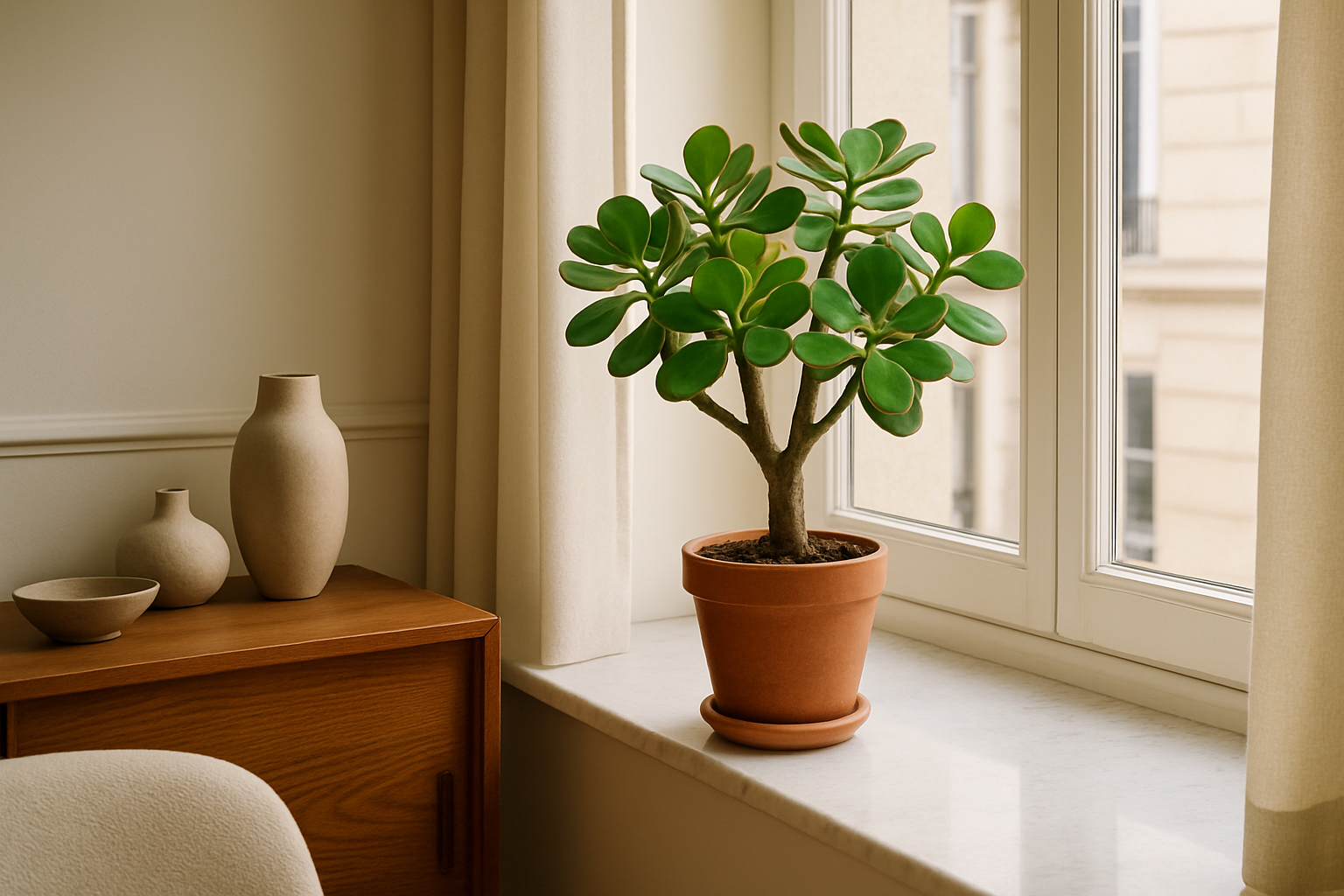 arbre de jade Crassula ovata en pot sur rebord de fenêtre