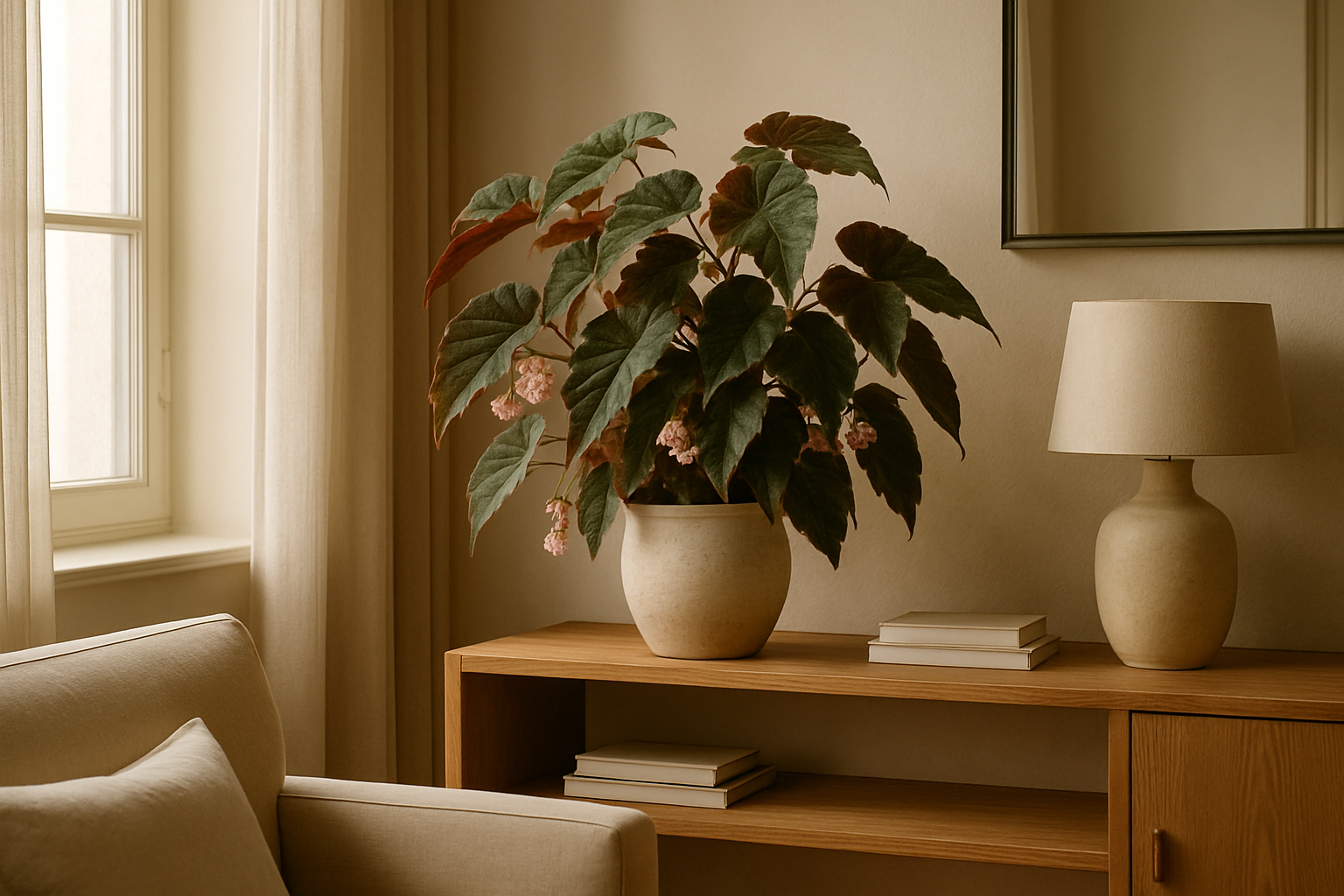 begonia en pot sur une étagère en bois dans un intérieur élégant