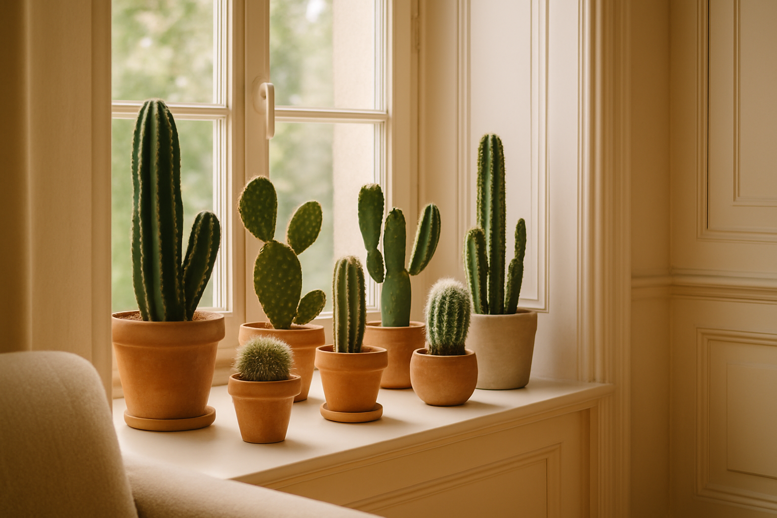 cactus en pots sur un rebord de fenêtre dans un intérieur français élégant