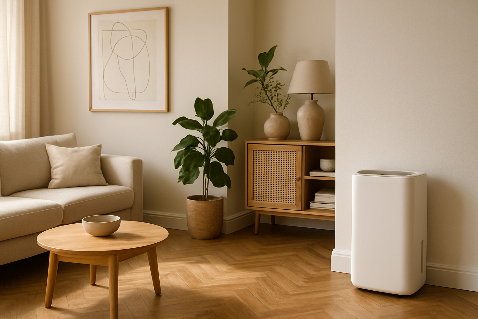 déshumidificateur blanc dans un salon français élégant avec parquet et décor minimaliste