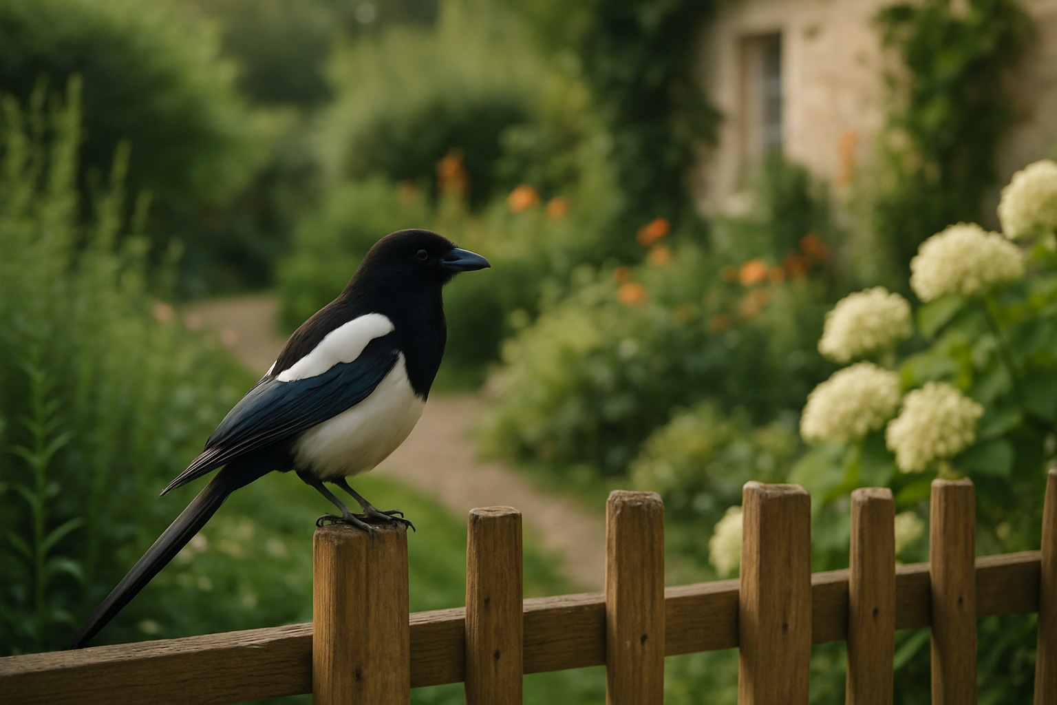 pie bavarde perchée sur une clôture de jardin français