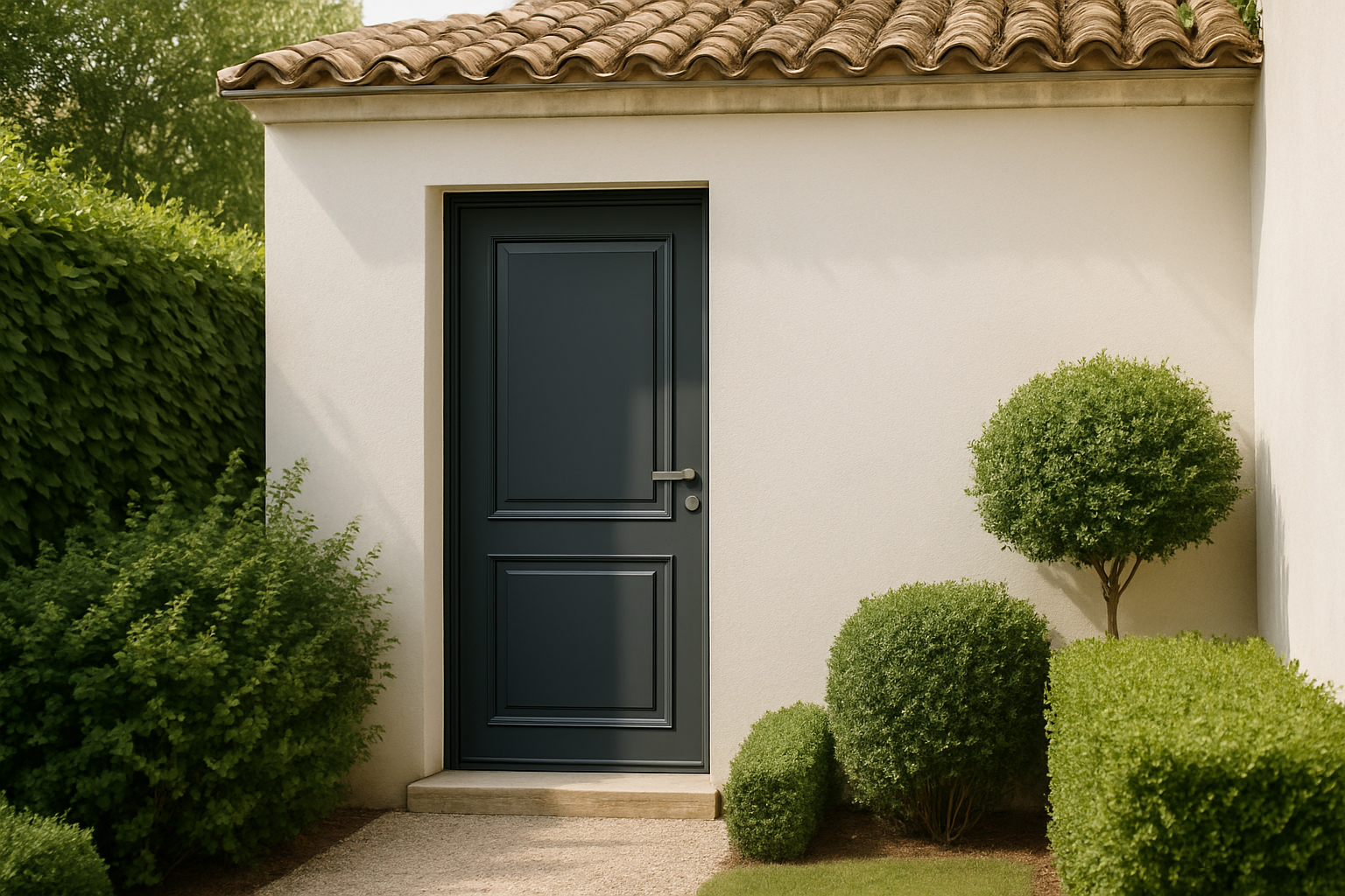 porte de service extérieur en PVC gris anthracite sur façade blanche