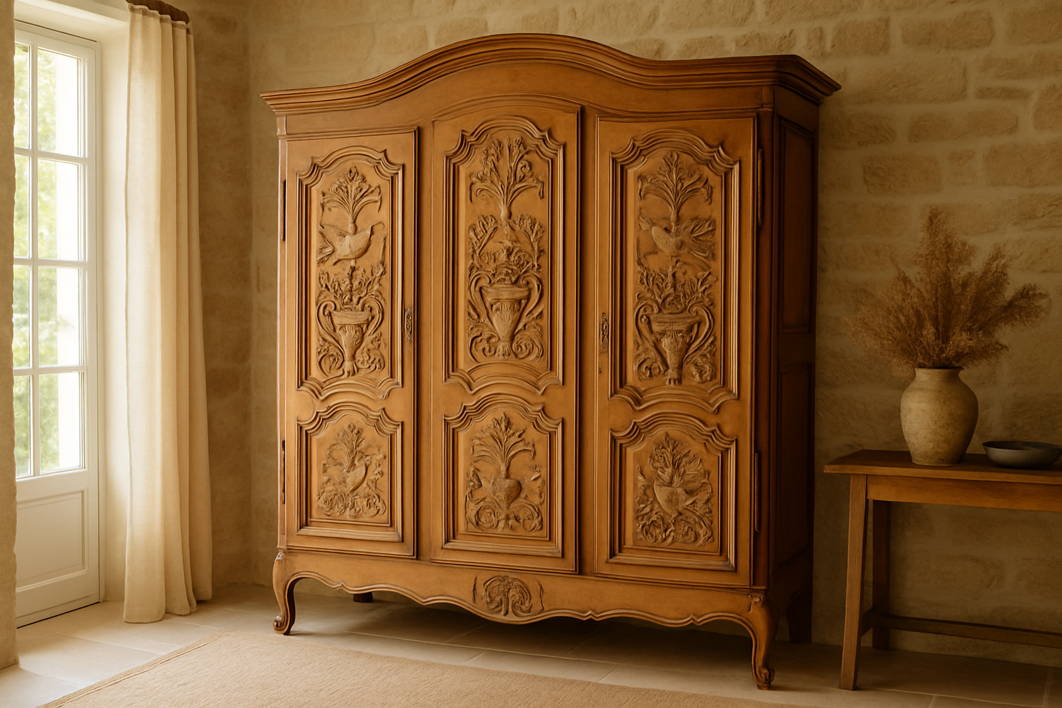 armoire normande en chêne massif sculptée à la main dans un intérieur campagne français