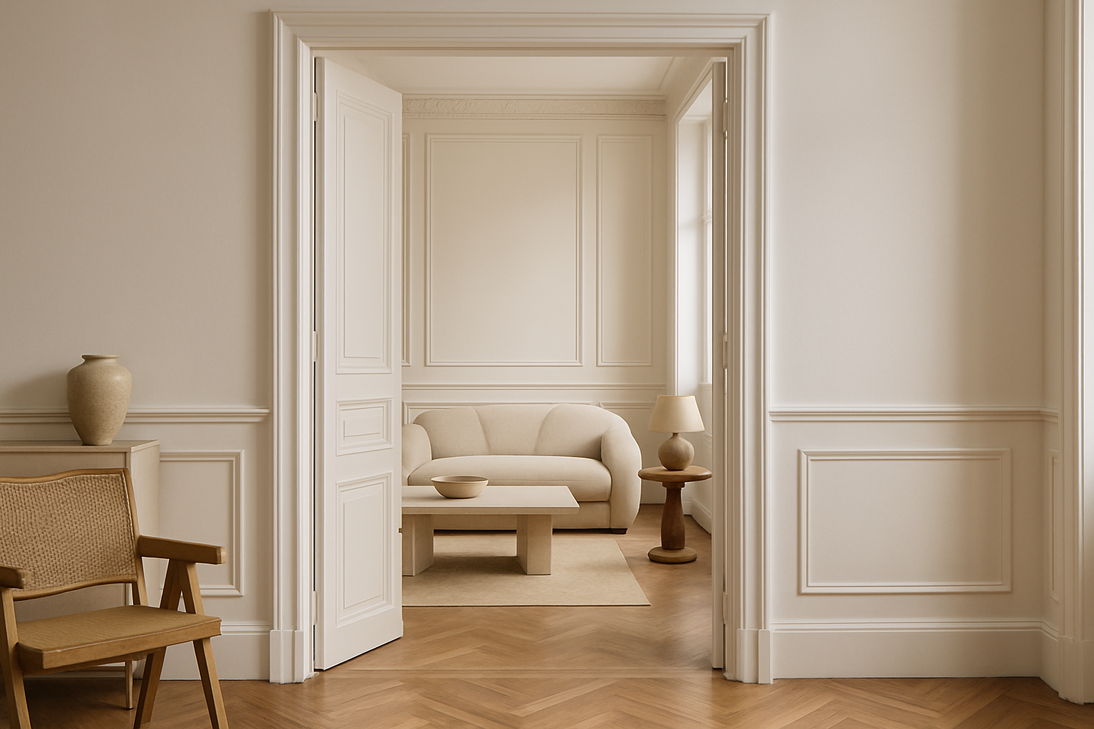 bâti de porte blanc en bois dans un couloir intérieur élégant