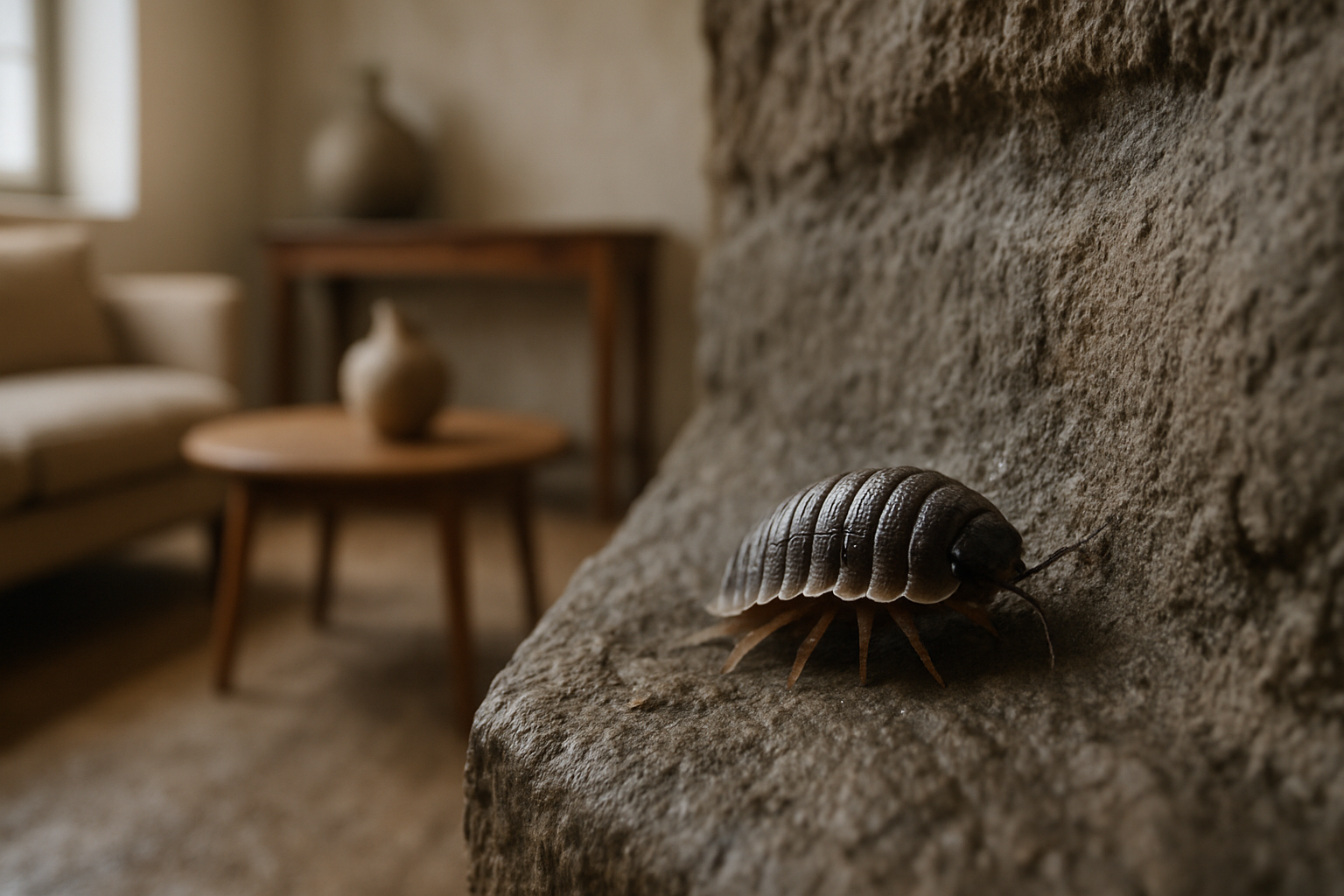cloporte sur un mur humide en pierre dans une cave