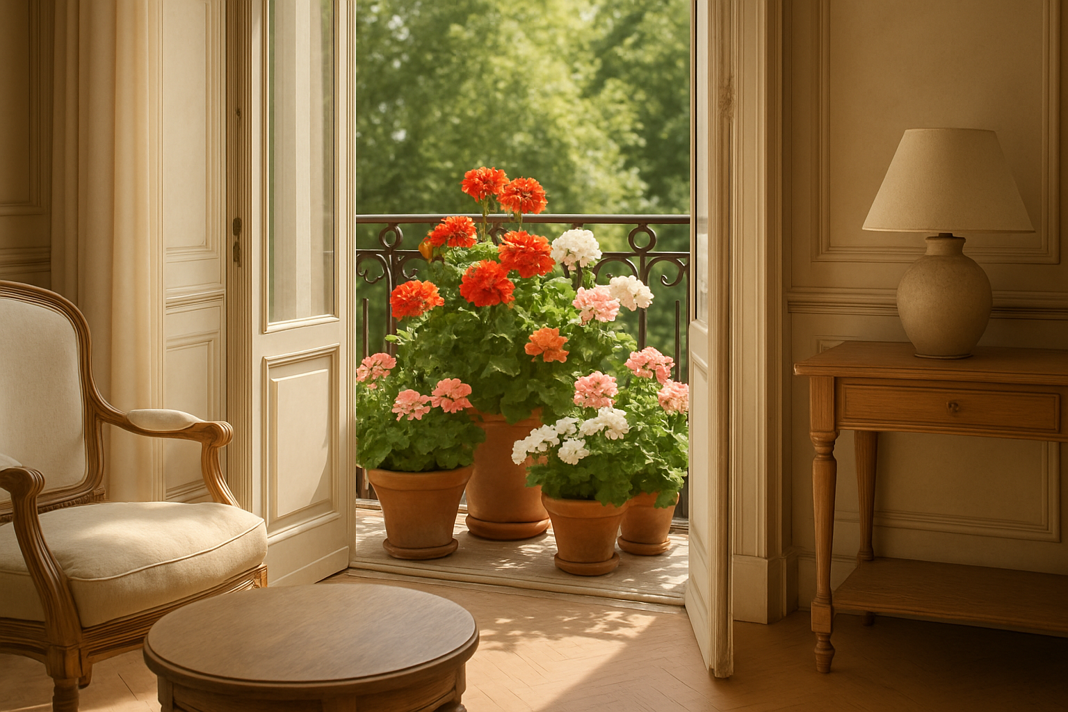 géranium rouge et rose en pot sur un balcon ensoleillé