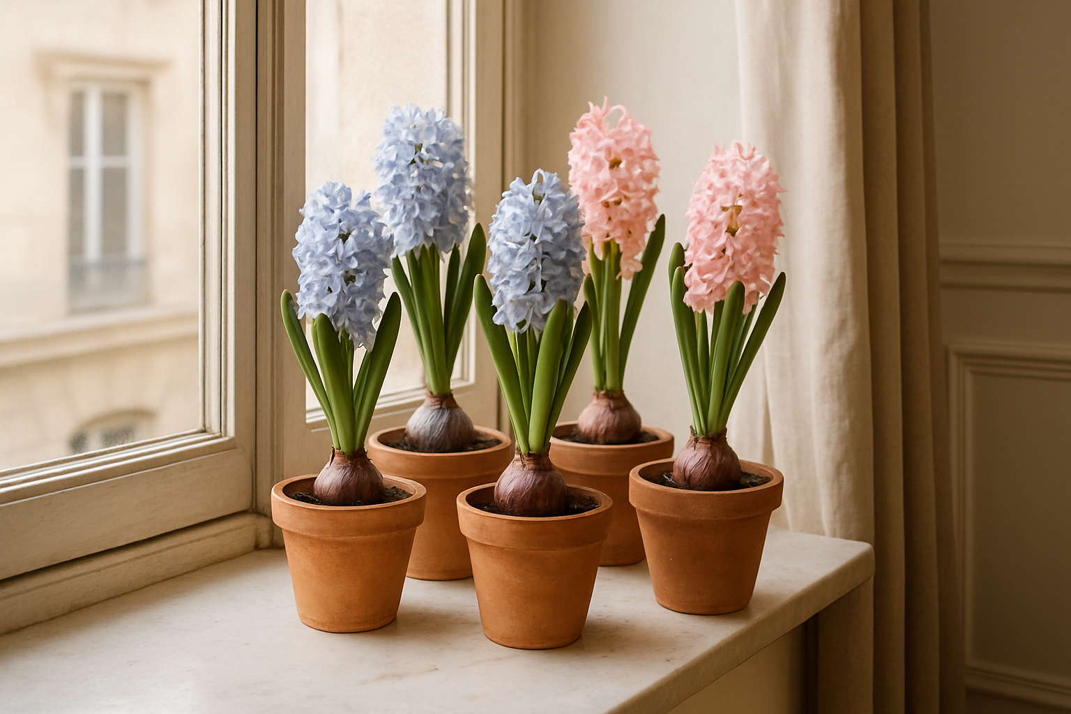 jacinthe en pot sur un rebord de fenêtre style intérieur français