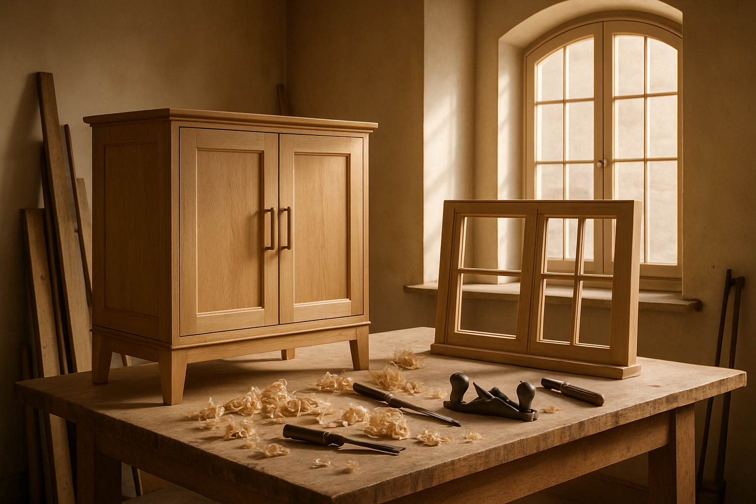 menuisier salaire - atelier de menuiserie avec meubles en bois sur mesure