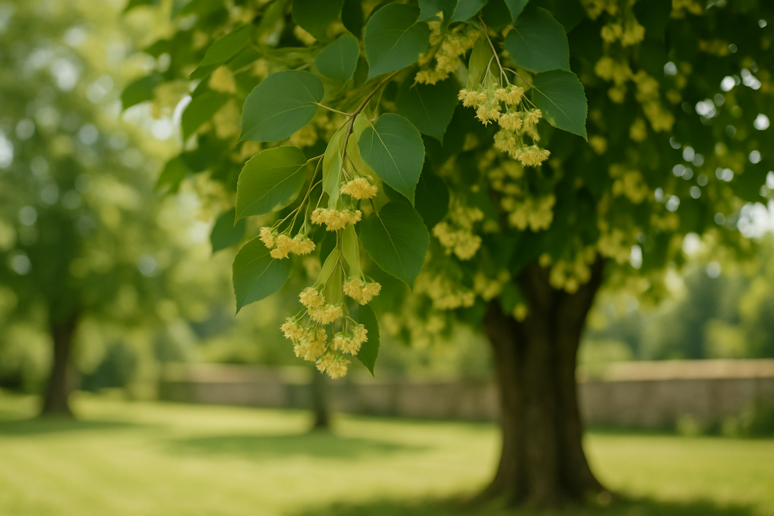 tilleul en fleurs dans un jardin français avec feuilles en cœur et fleurs jaune pâle