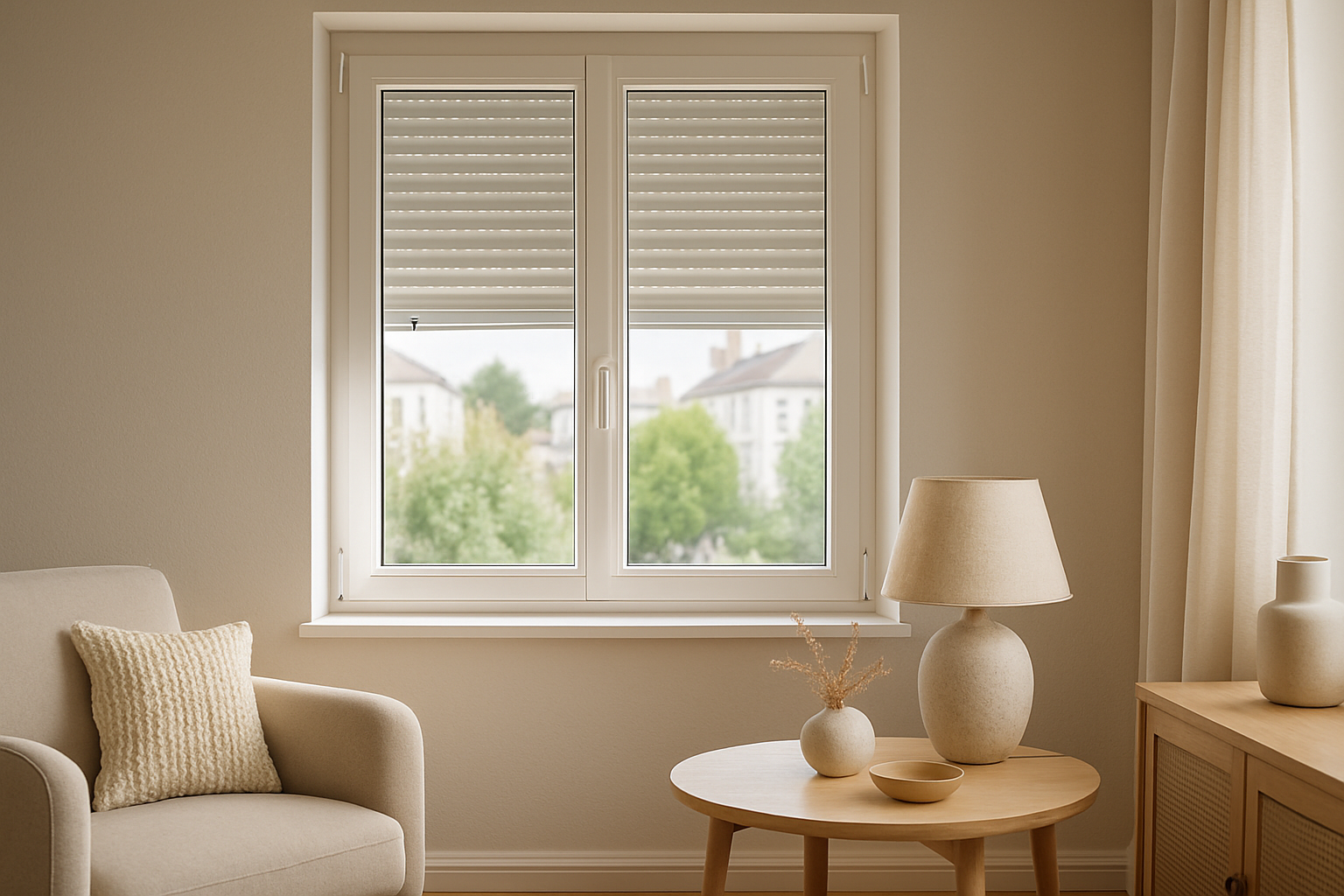 fenetre avec volet roulant intégré PVC blanc dans un intérieur moderne