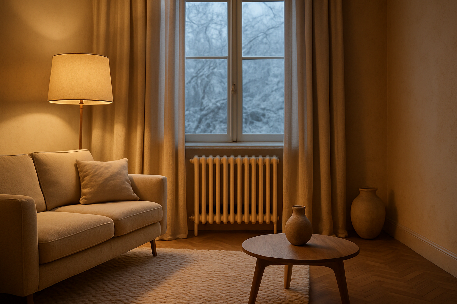 froid maison salon cosy avec radiateur et tapis épais en hiver