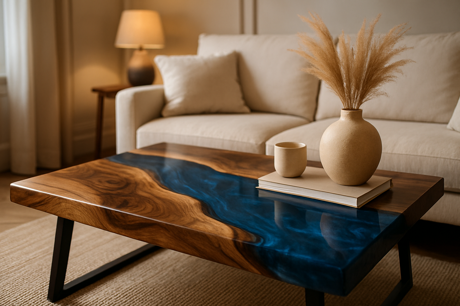 résine époxy table rivière en bois et résine bleue style intérieur français
