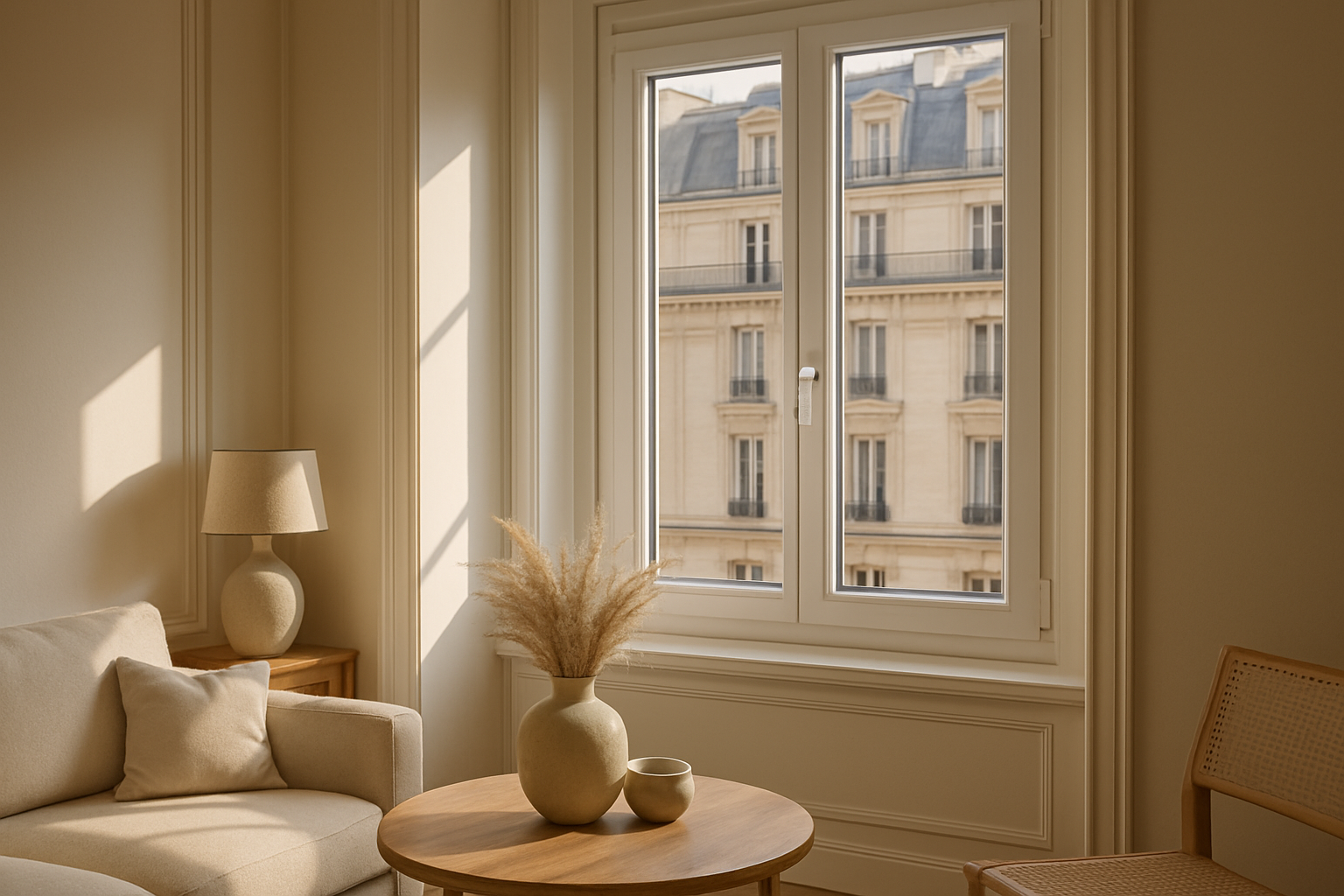 fenêtre Veka PVC blanc installée dans un salon lumineux de style français